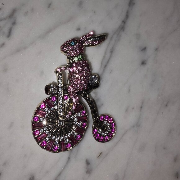 Rhinestone Rabbit Riding Bicycle Brooch Pink Crystal Easter Bunny Novelty Pin - Picture 2 of 4